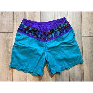 Vintage 80s 90s Key Elements Colorblock Swim Trunks Teal Purple Neon Large